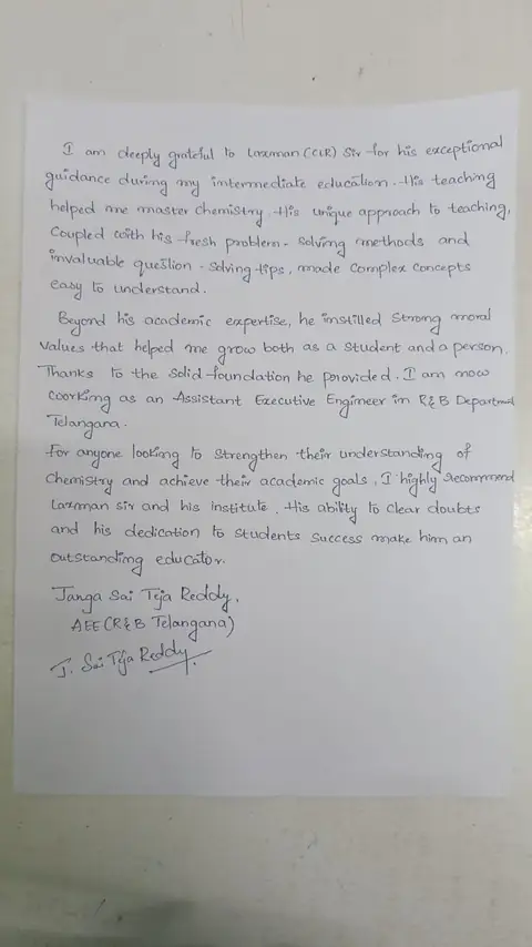 Handwritten student testimonial