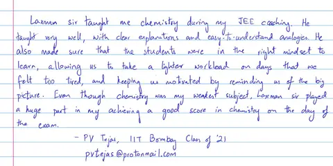 Handwritten student testimonial