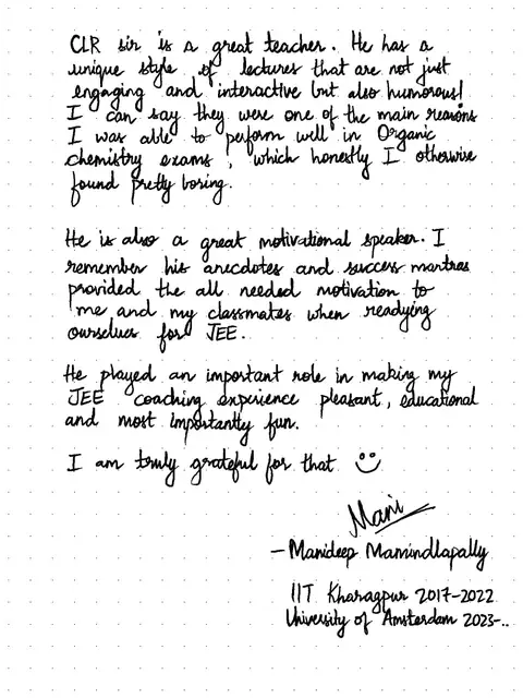 Handwritten student testimonial